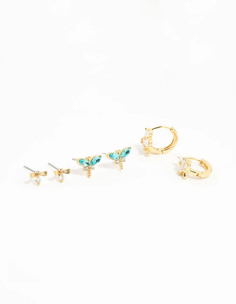 Gold Plated Blue Cubic Zirconia Butterfly & Bow Earrings 3-Pack