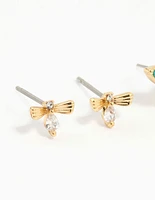 Gold Plated Blue Cubic Zirconia Butterfly & Bow Earrings 3-Pack