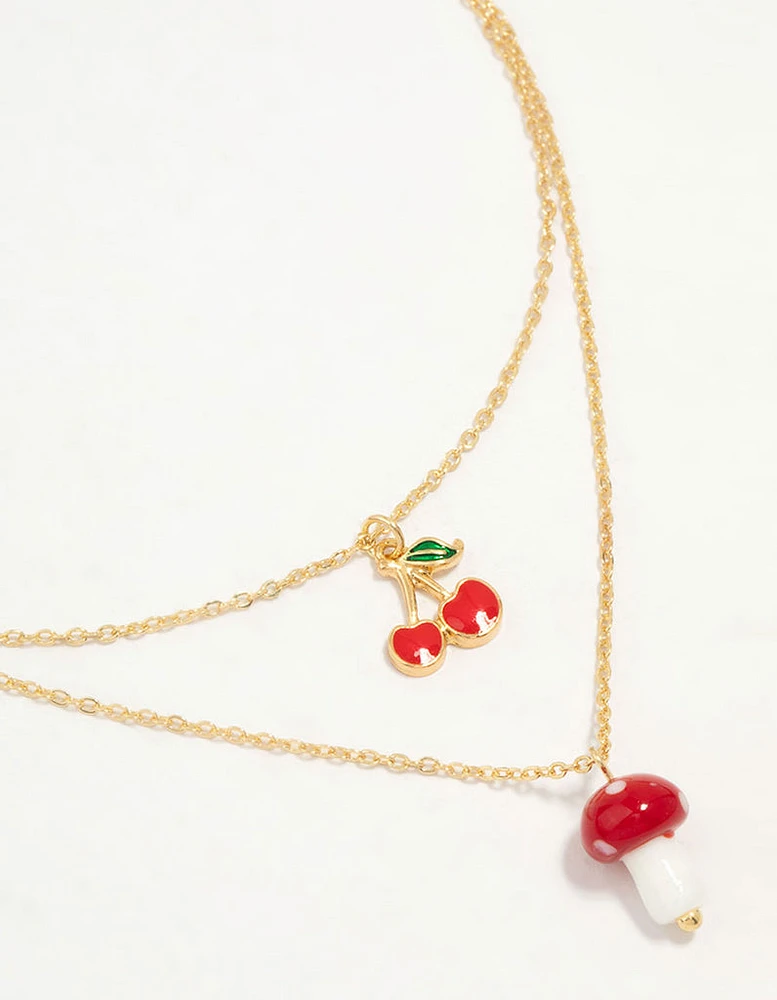 Gold Plated Cherry & Mushroom Layered Necklace