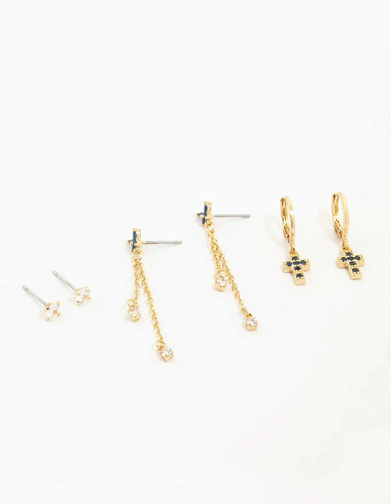 Gold Plated Cubic Zirconia & Cross Earrings 3-Pack