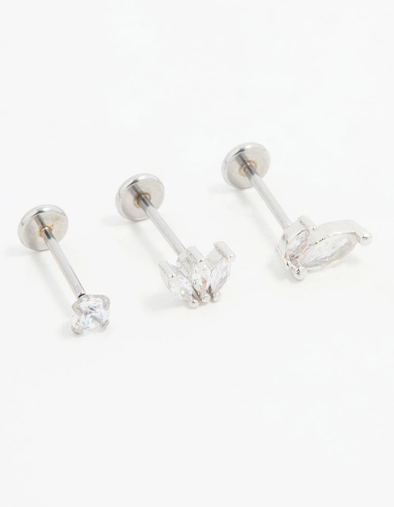 Surgical Steel Fan Double Cubic Zirconia Flat Back Studs 3-Pack