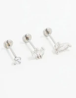 Surgical Steel Fan Double Cubic Zirconia Flat Back Studs 3-Pack