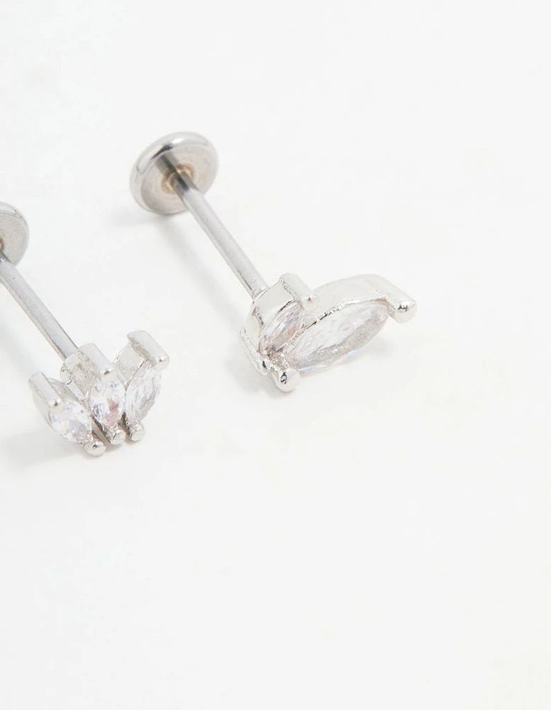 Surgical Steel Fan Double Cubic Zirconia Flat Back Studs 3-Pack