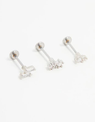 Surgical Steel Cubic Zirconia Double Baguette Flat Back Studs 3-Pack