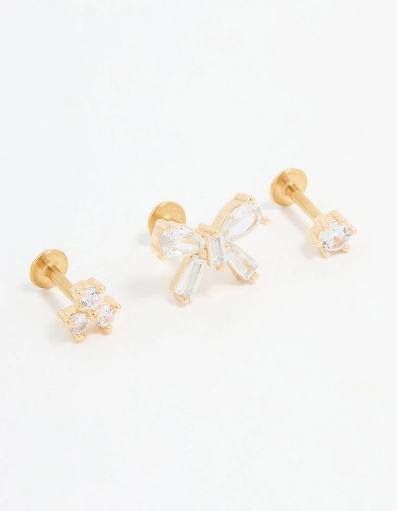 Gold Plated Surgical Steel Cubic Zirconia Bow Flat Back Studs 3-Pack