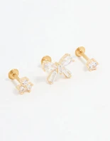 Gold Plated Surgical Steel Cubic Zirconia Bow Flat Back Studs 3-Pack