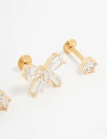 Gold Plated Surgical Steel Cubic Zirconia Bow Flat Back Studs 3-Pack