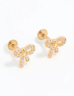 Gold Plated Surgical Steel Cubic Zirconia Pave Bow Flat Back Pair