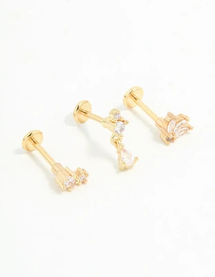 Gold Plated Surgical Steel Cubic Zirconia Triangular Flat Back Studs Pack