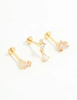 Gold Plated Surgical Steel Cubic Zirconia Triangular Flat Back Studs Pack