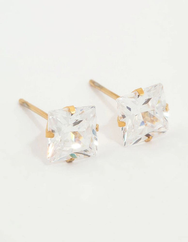 Waterproof Gold Plated Stainless Steel Princess Cut Cubic Zirconia Stud Earrings