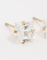 Waterproof Gold Plated Stainless Steel Princess Cut Cubic Zirconia Stud Earrings