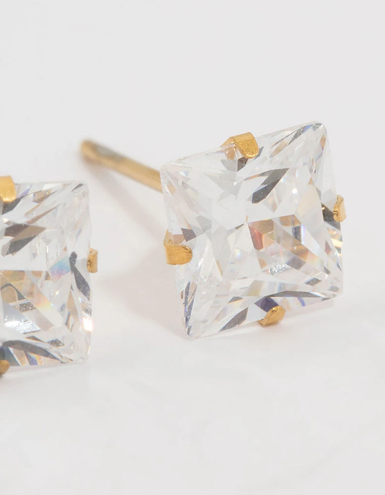 Waterproof Gold Plated Stainless Steel Princess Cut Cubic Zirconia Stud Earrings