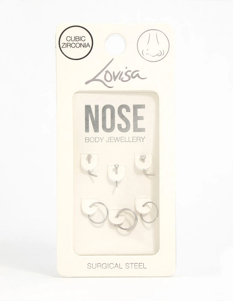 Surgical Steel Cubic Zirconia Simple Mixed Nose Ring & Stud 6-Pack