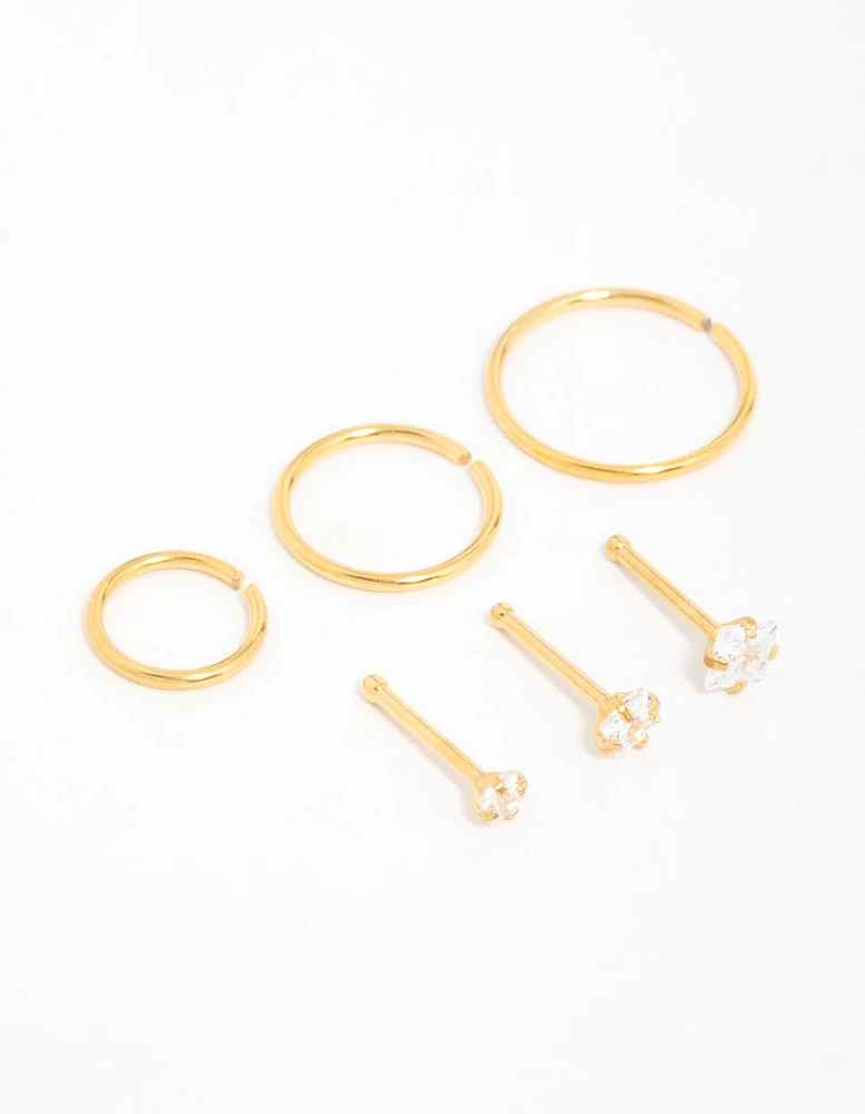 Gold Plated Surgical Steel Cubic Zirconia Stud & Hoop Nose Piercings 6-Pack