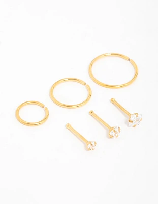 Gold Plated Surgical Steel Cubic Zirconia Stud & Hoop Nose Piercings 6-Pack