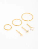 Gold Plated Surgical Steel Cubic Zirconia Stud & Hoop Nose Piercings 6-Pack