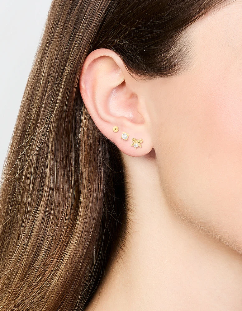 Gold Plated Sterling Silver Bow & Sleek Earrings 3-Pack
