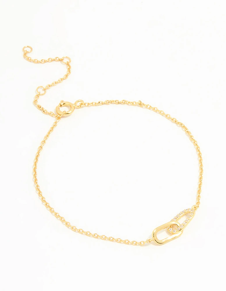 Gold Plated Sterling Silver Cubic Zirconia Link Oval Bracelet