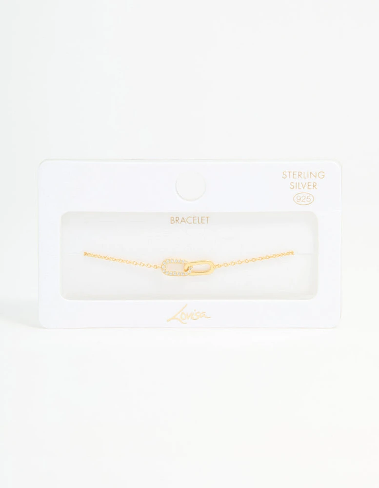 Gold Plated Sterling Silver Cubic Zirconia Link Oval Bracelet