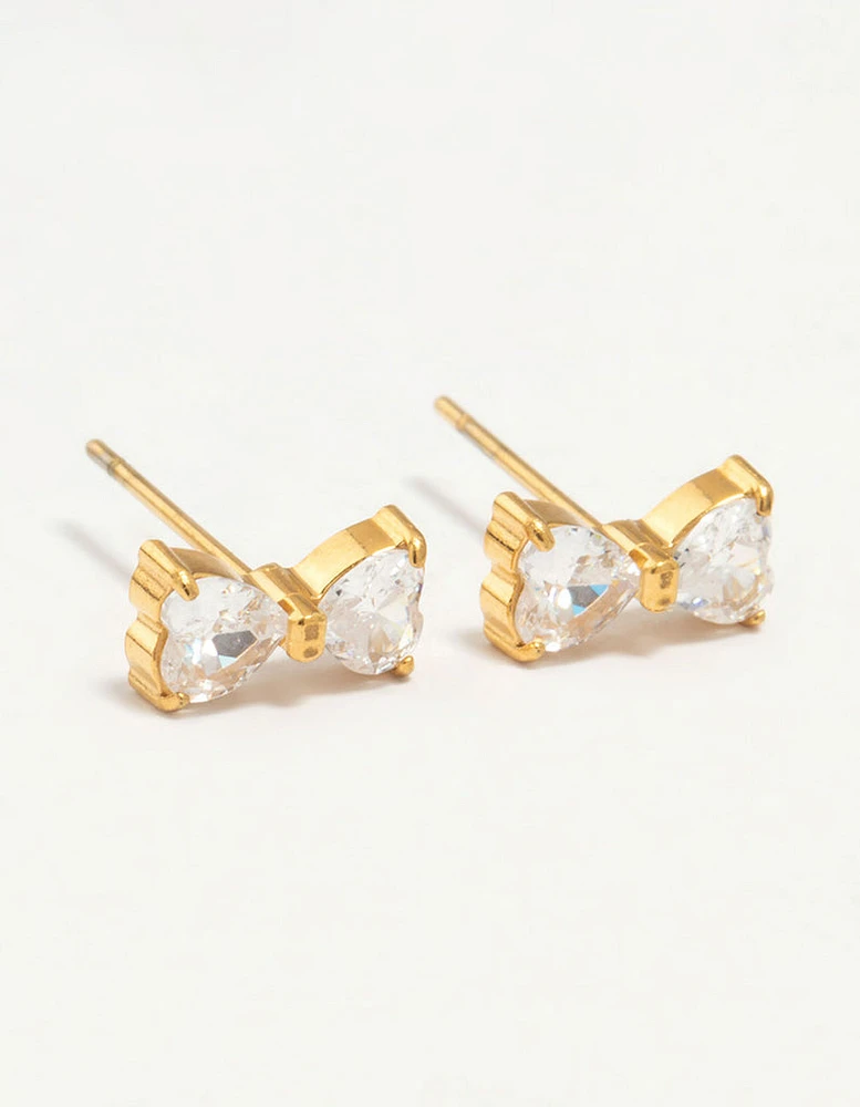 Gold Plated Surgical Steel Cubic Zirconia Heart Bow Stud Earrings