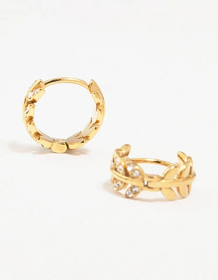 Gold Plated Surgical Steel Diamante Leaf Huggie Earrings