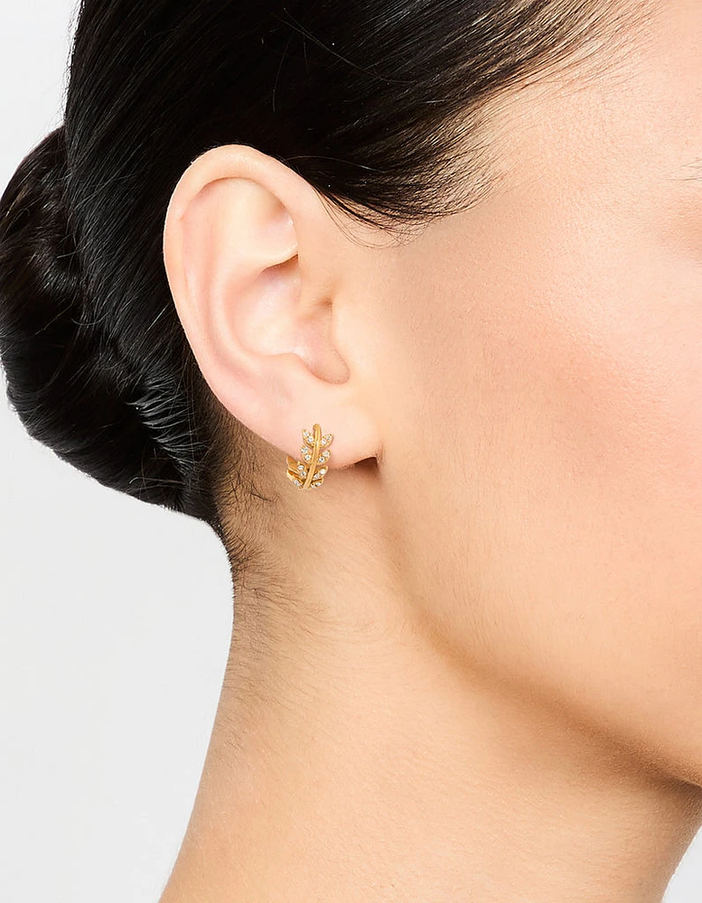 Gold Plated Surgical Steel Diamante Leaf Huggie Earrings