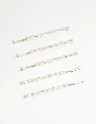 Silver Diamante Baguette & Round Hair Slides 5-Pack