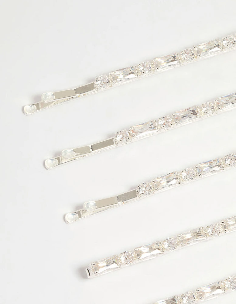 Silver Diamante Baguette & Round Hair Slides 5-Pack
