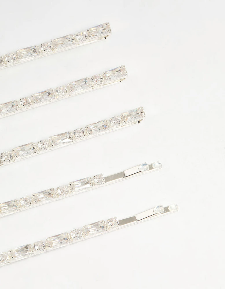 Silver Diamante Baguette & Round Hair Slides 5-Pack