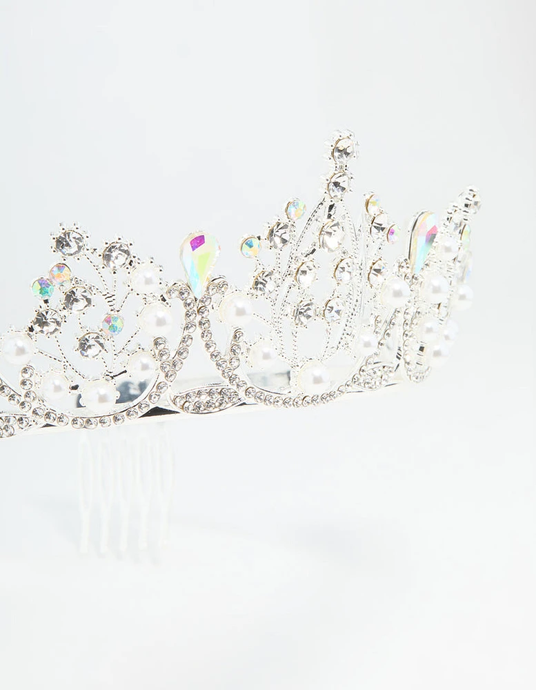 Silver Diamante & Pearl Crown Headband