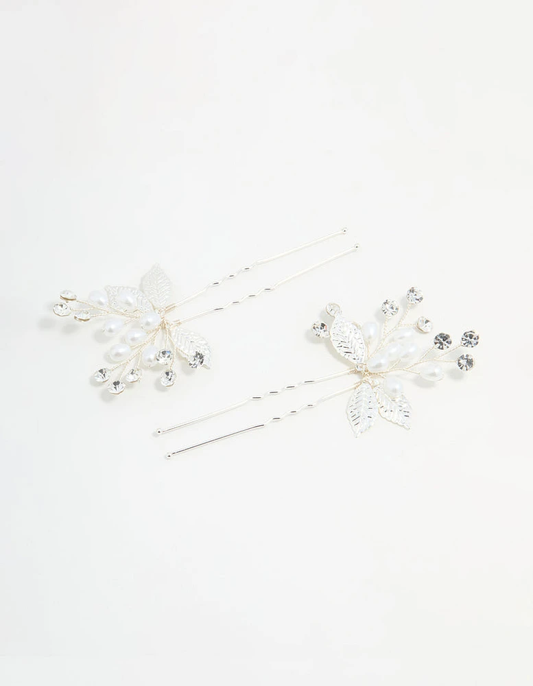 Silver Leaf Pearl & Diamante Bobby Pins 2-Pack