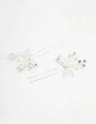 Silver Leaf Pearl & Diamante Bobby Pins 2-Pack