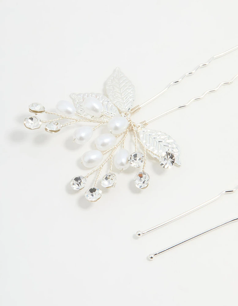 Silver Leaf Pearl & Diamante Bobby Pins 2-Pack