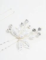 Silver Leaf Pearl & Diamante Bobby Pins 2-Pack