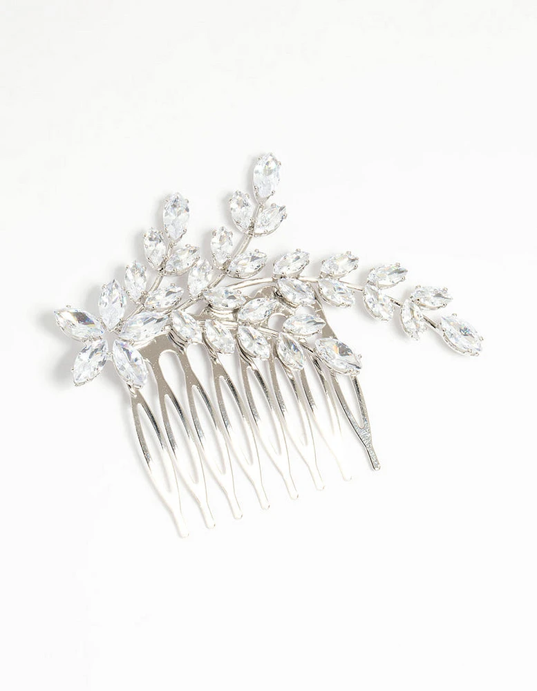 Silver Diamante Flower & Leaf Hair Comb