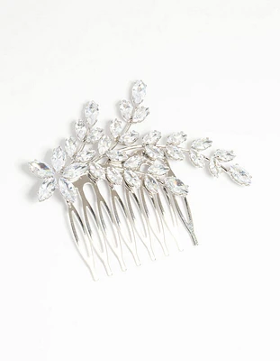 Silver Diamante Flower & Leaf Hair Comb
