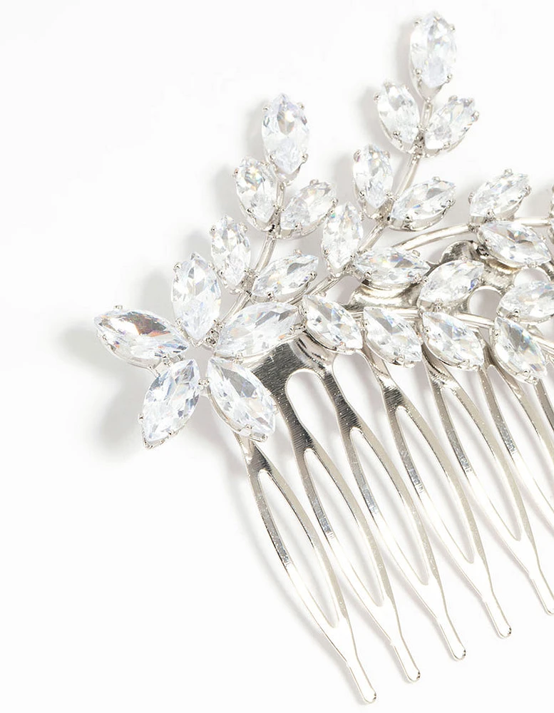 Silver Diamante Flower & Leaf Hair Comb