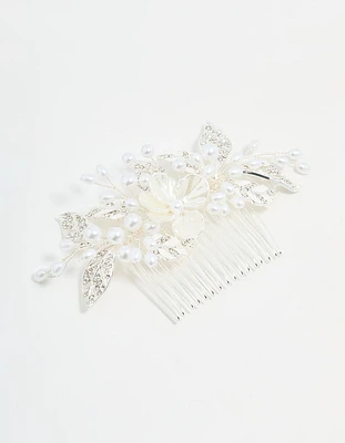 Silver Pearl Flower & Vine Hair Comb