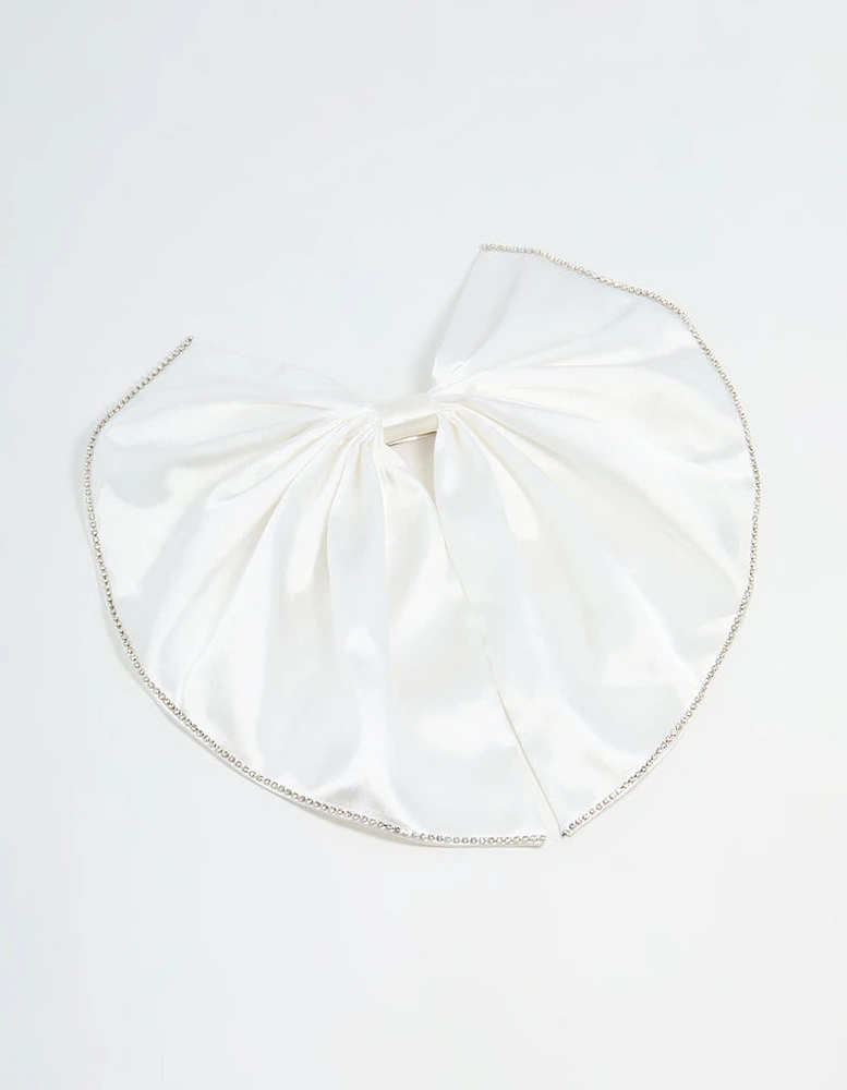 White Fabric Diamante Edge Cascading Bow Clip