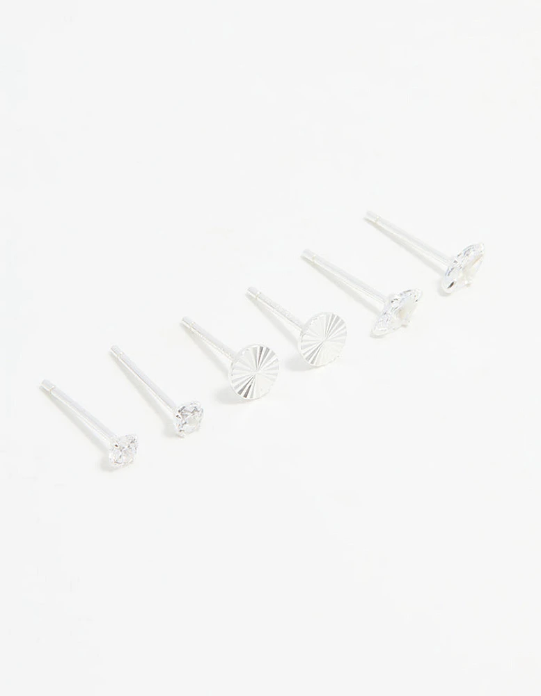 Sterling Silver Cubic Zirconia Stud Earrings 3-Pack