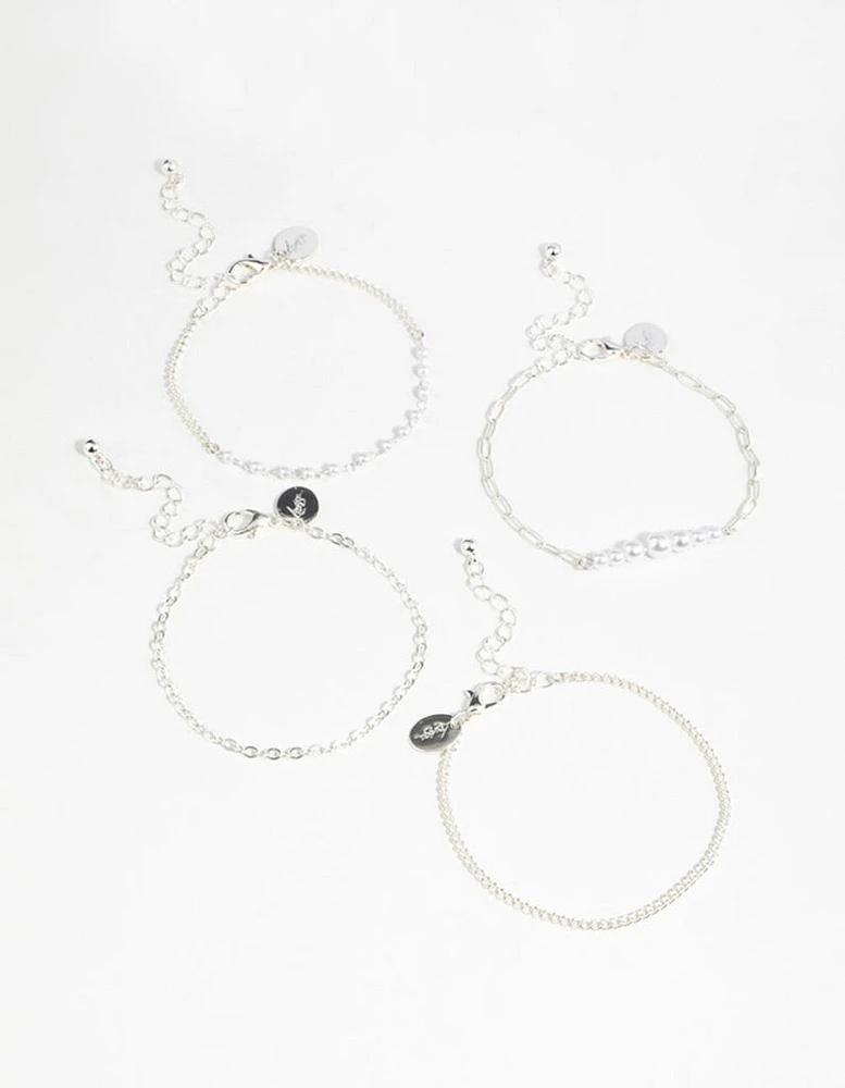 Silver Pearl Paperclip Chain Bracelets 4-Pack