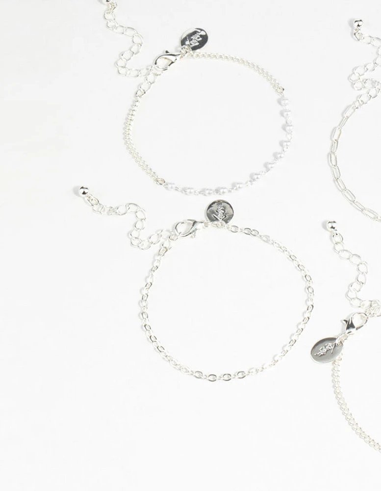 Silver Pearl Paperclip Chain Bracelets 4-Pack