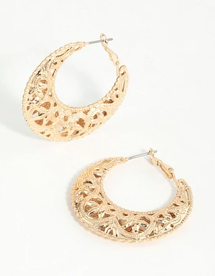 Gold Filigree Crescent Hoop Earrings