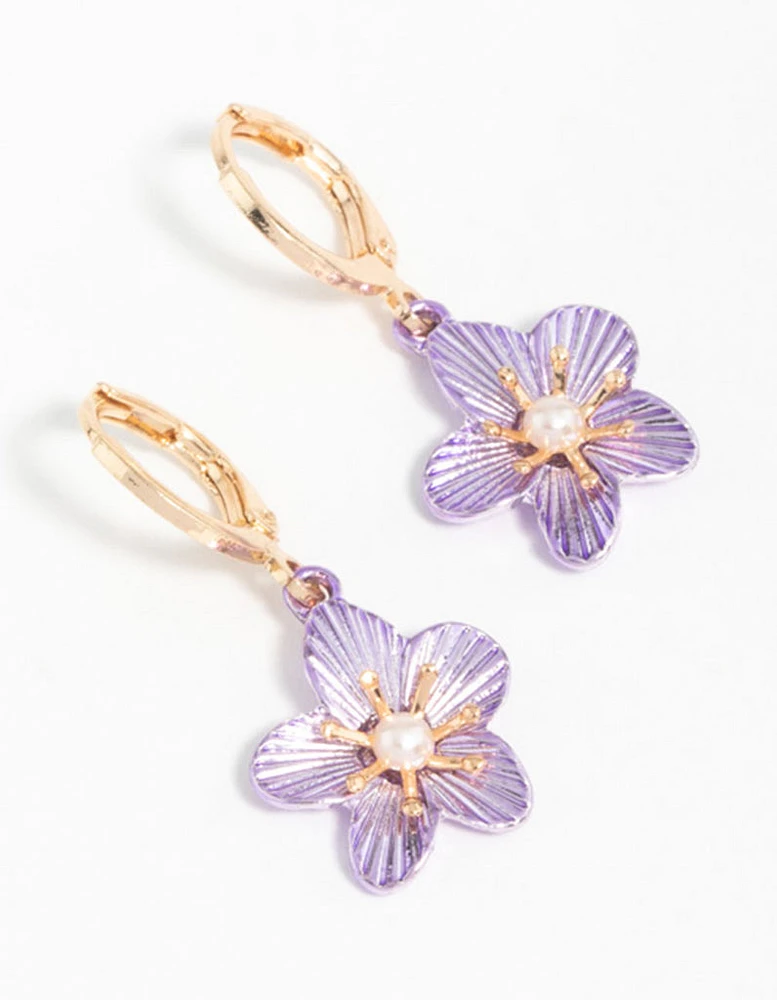 Gold Purple Pearl Flower Drop Earrings