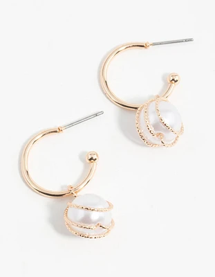 Gold Pearl Wire Wrapped Hoop Earrings