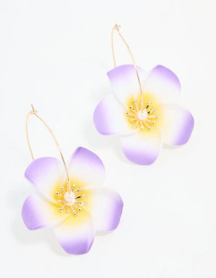 Gold Purple Pearl Large Frangipani Hoop Earrings