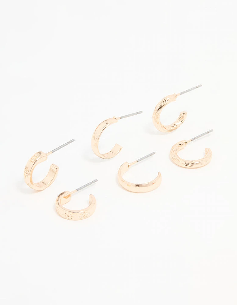 Gold Textured & Sleek Hoop Earrings 3-Pack