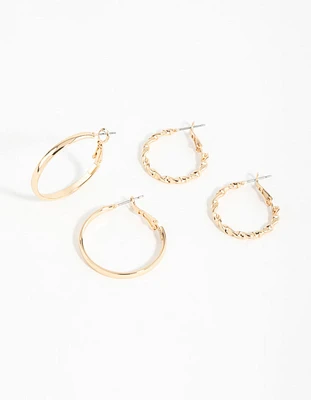 Gold Flat Twist Mixed Hoop Earrings 2-Pack