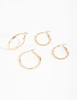 Gold Flat Twist Mixed Hoop Earrings 2-Pack